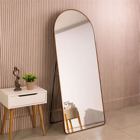 Espelho Plano Exercicios - Espelho Grande Oval com Base Reta Marrom Corpo Inteiro 150x60 Cm com ...