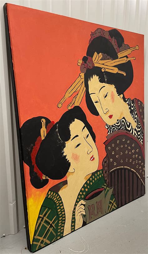 GIANT Vintage 1970s Asian Women Oil Painting Canvas Modern Art Wall Hanging