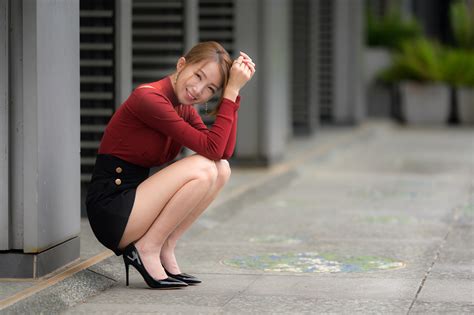 4K, Asian, Pose, Sitting, Legs, Stilettos, Stockings, Blouse, Brown