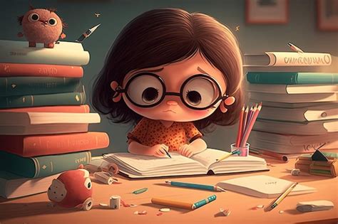 premium photo cute cartoon character studying  books  pencils
