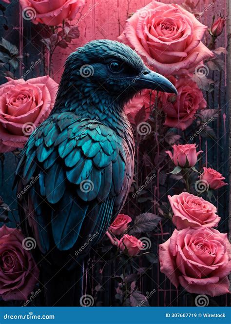 AI Generated Illustration of a Raven Sitting on Pink Roses Stock