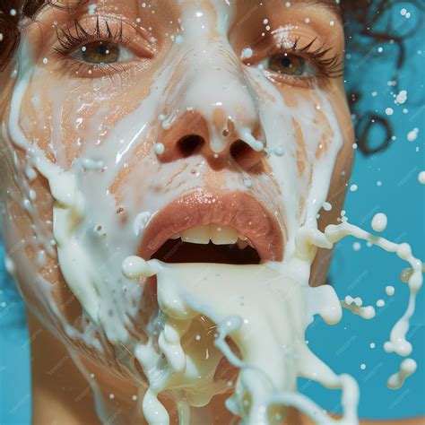 Premium Photo | Woman Covered in Milk Mouth Open