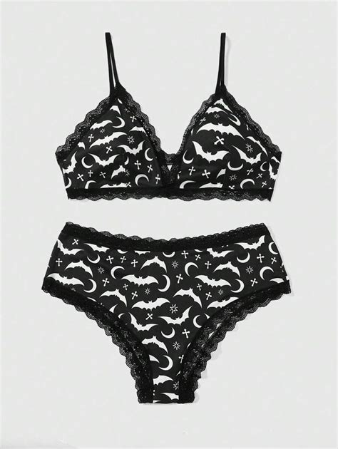 romwe goth  bat print lace trim lingerie set shein usa