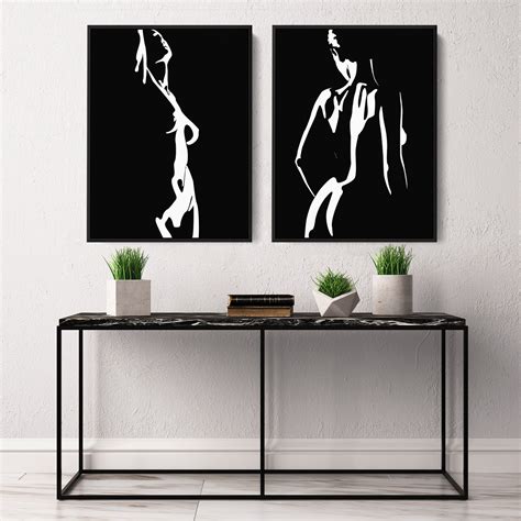 Female Silhouette Black & White Modern Minimalist Wall Art 2 Piece Set