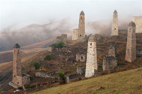 Old towers in Erzi nature reserve in the Republic of Ingushetia, Russia ...