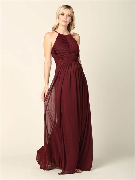 Blush Long Halter Bridesmaid Pleated Dress - Formal Dresses & Gowns