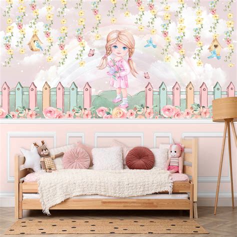 Papel De Parede De Cria Menina - Papel De Parede Personalizado Menina No Jardim Com Linhas De Flores