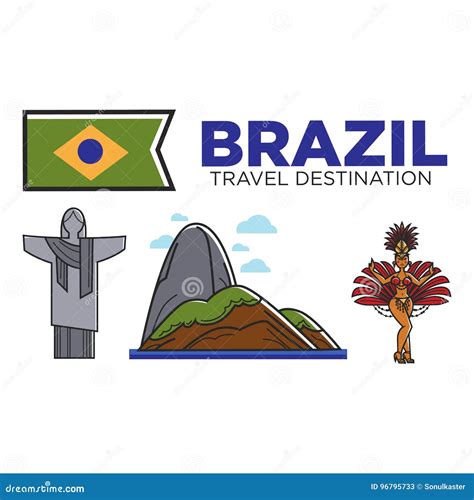 Brazil Travel Attractions and Famous Culture Landmarks Vector Icons Set