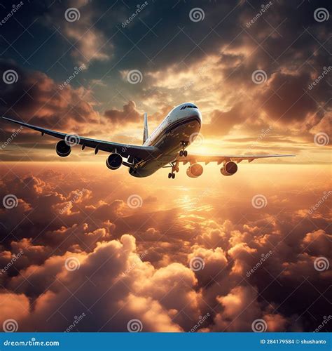 A Plane Flying Toward the Sunset Stock Illustration - Illustration of ...