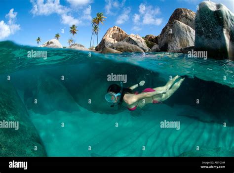 Snorkeler at Baths beach, Virgin Gorda, BVI, British Virgin Islands ...