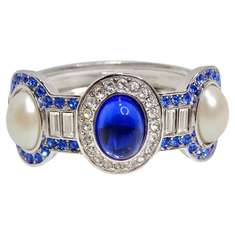 Yves Saint Laurent 1990s Faux Sapphire Pearl Clamper Bracelet For Sale