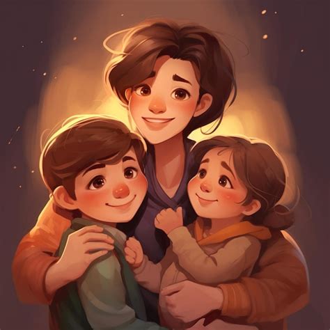 Mae De Dois Desenho - Um desenho animado de uma mãe e dois filhos se abraçando e sorrindo ...
