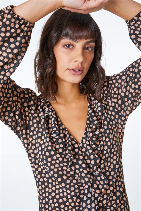 spot print ruffle top  camel roman originals uk