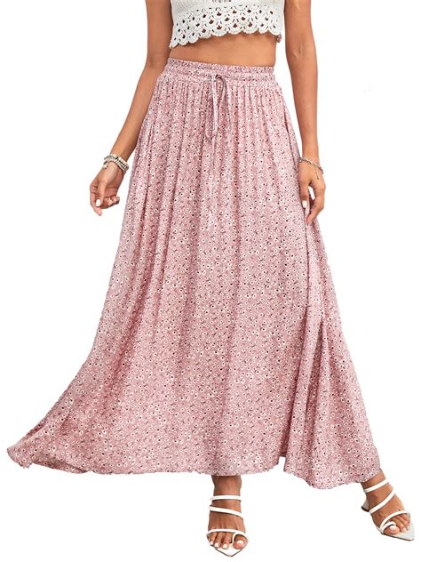 Yanekop Womens Bohemian Floral Printed Maxi Skirts Beach Pleated ...