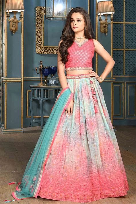 exquisite baby pink  firozi colored designer kids lehenga choli