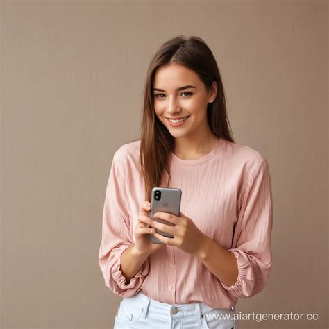 Smiling Girl Holding Smartphone | AI Art Generator