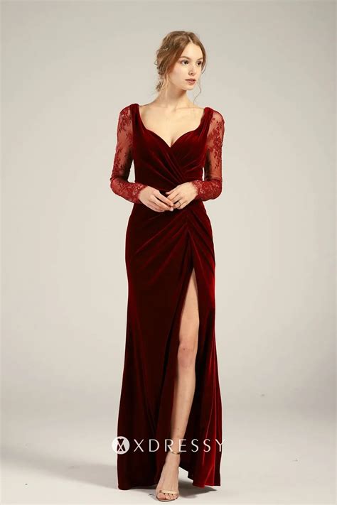 Illusion Long Sleeves Slit Dark Red Bridesmaid Dress - Xdressy