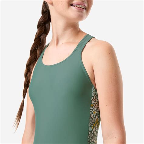 Teen girls’ swimming 1-piece shorty swimsuit, Vega pantai khaki - Decathlon