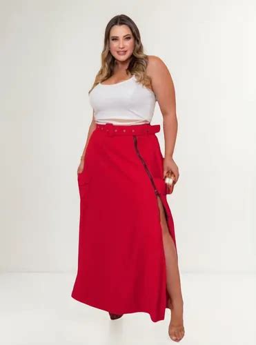 Saia Evasê Plus Size - Saia Evasê Longa Plus Size Com Bolso Ziper E Fenda Lateral ...