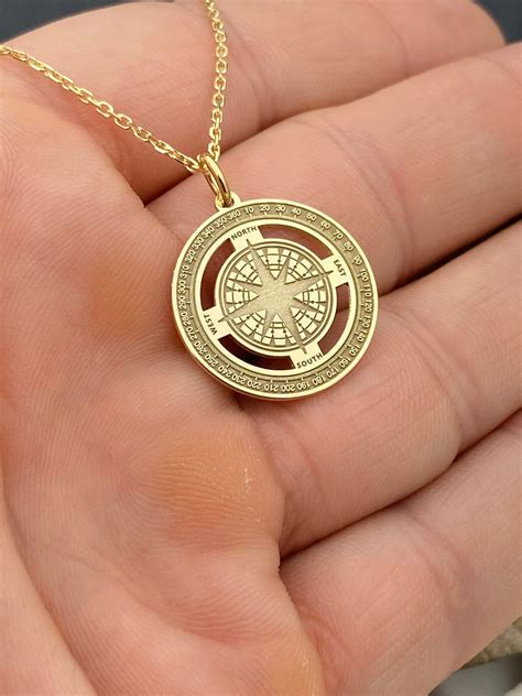 Real 14k Solid Gold Compass Necklace, Personalized Back Side Engrave ...