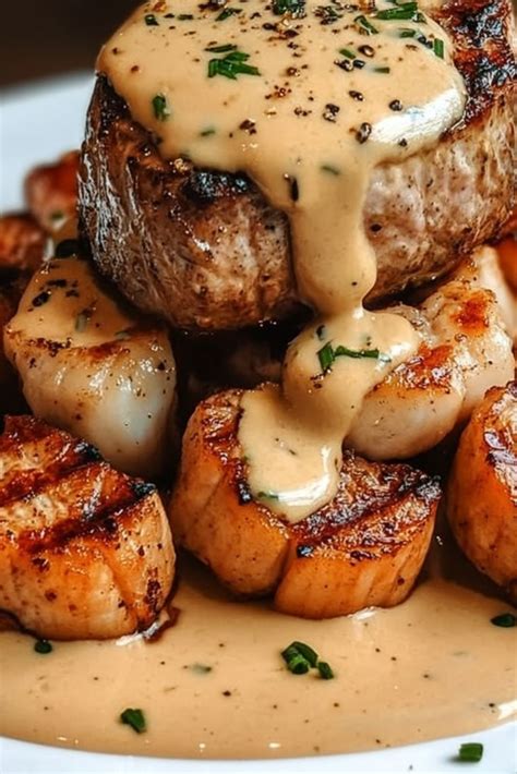 Surf and Turf with Creamy Garlic Sauce | RecipeCoo