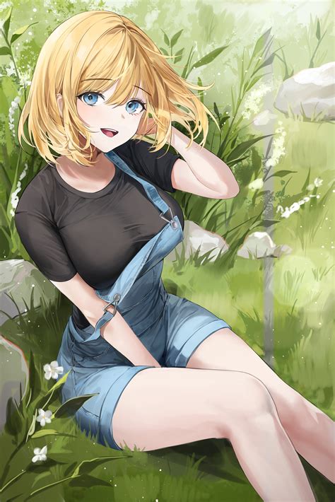 blonde, blue eyes, solo, big boobs, anime, anime girls, grass, jeans