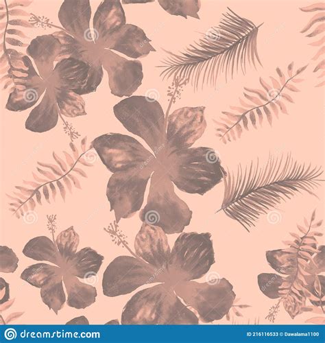 Gray Seamless Hibiscus. Coral Pattern Leaves. Pink Tropical Leaves