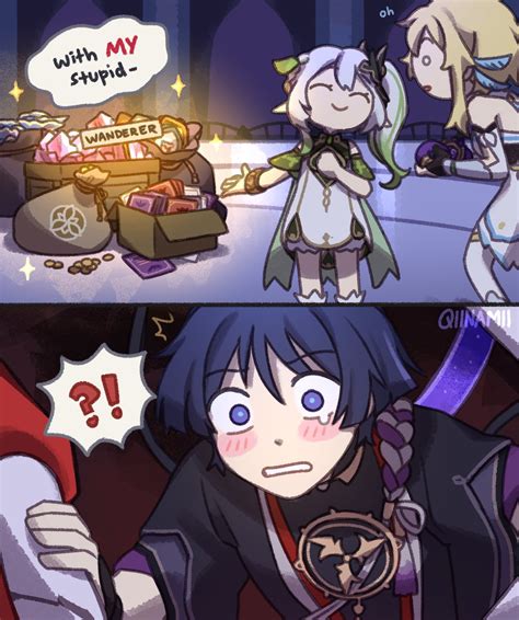 lumine, scaramouche, nahida, and scaramouche (genshin impact) drawn by