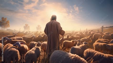 jesus  good shepherd guiding  sheep christian concept