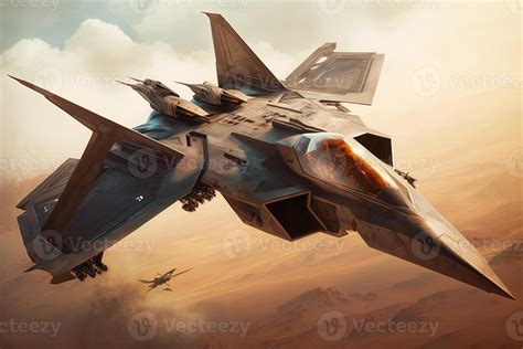 F-22 Raptor in flight with vapor clouds. Illustration of Fighter Jet