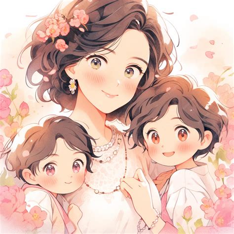 Premium Photo | Anime image of a mother and two children in a flowery