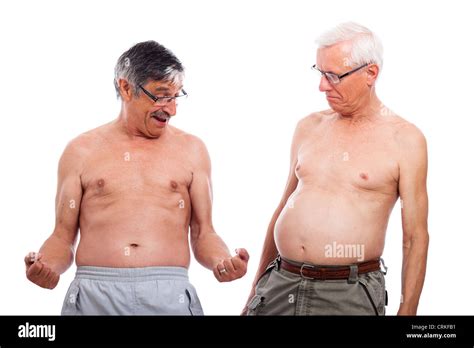 happy naked senior men comparing body shape isolated  white