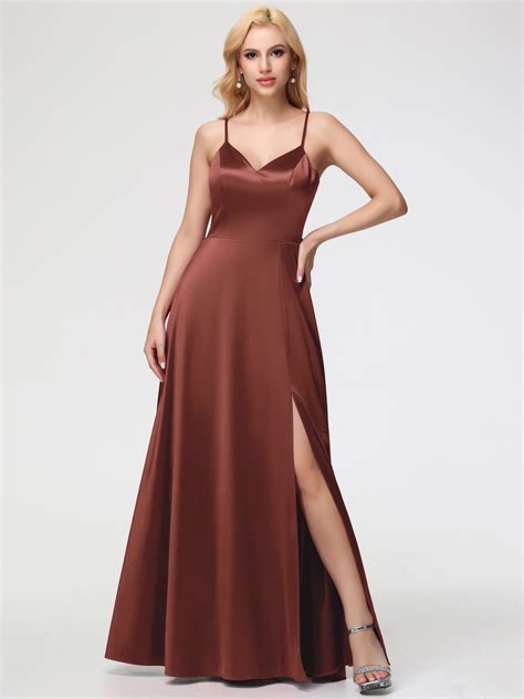 Terracotta Prom Dress A-Line V-Neck Spaghetti Straps Sleeveless Stretc