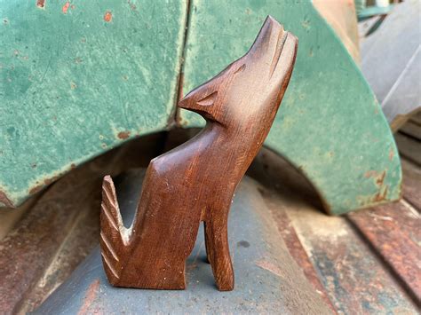 Two Ironwood Wood Carvings Howling Wolf and Coyote Figurines, Northern