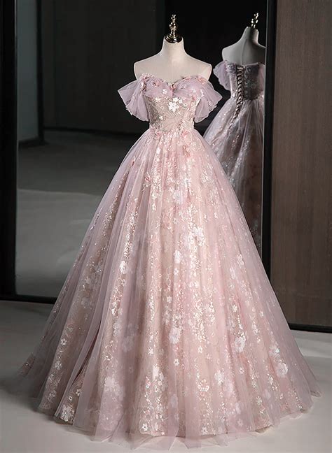 Pink Sweetheart Floral Lace and Tulle Prom Dress, Pink Sweetheart Long