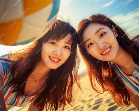 Premium Photo | Funny japanese girl group on the beach happy and positive