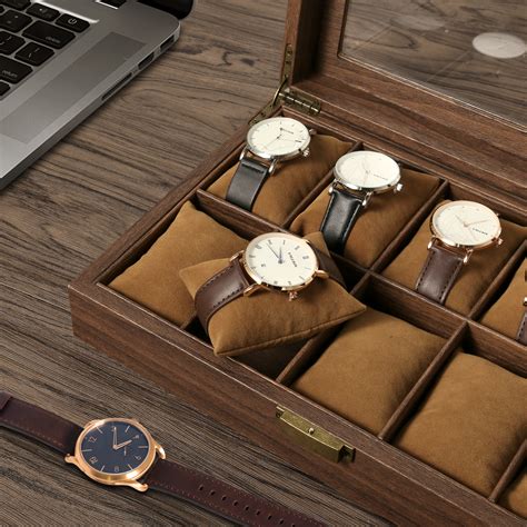 Uten Wood Watch Box, Watch Storage Case, Watch Organizer with Glass Display Lid for Men, 10 ...