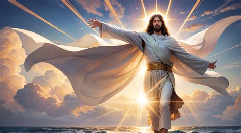 Jesus walking on the beach with his arms outstretched out - SeaArt AI