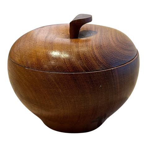 wood carved lidded apple vessel pop  home