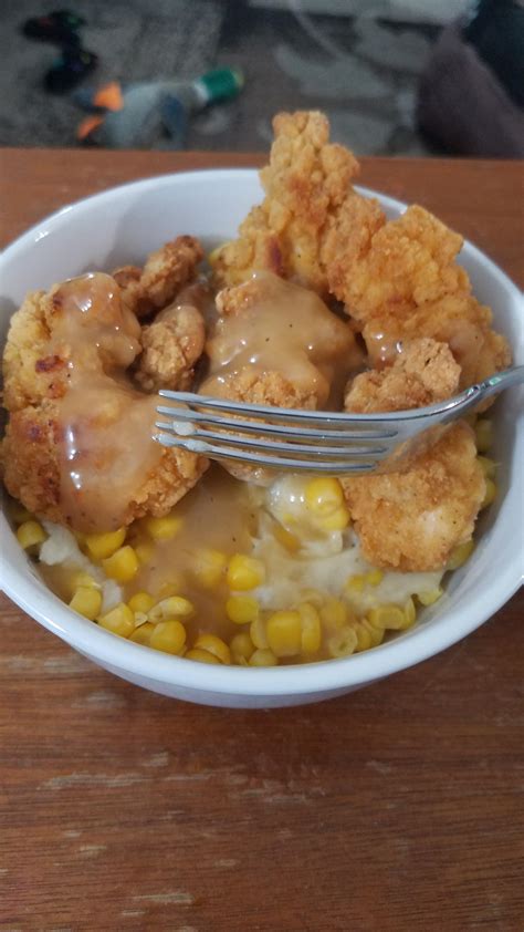 My own creation, mashed potatoes, popcorn chicken, corn, and gravy : r