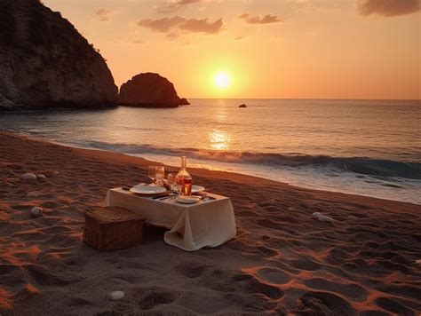 Premium AI Image | A romantic dinner on the beach at sunset