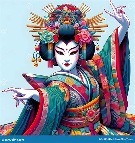 Image of Colorful Painting of a Woman Performing the Japanese Kabuki