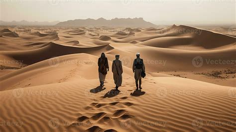 Travelers in the desert against the backdrop of dunes, tents and sunset
