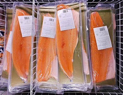 Cut Fresh Salmon Fillets in Vacuum Packaging in a Refrigerator at the ...