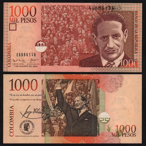 Банкнота Колумбии 1000 песо 2001 год UNC! - Значки и знаки