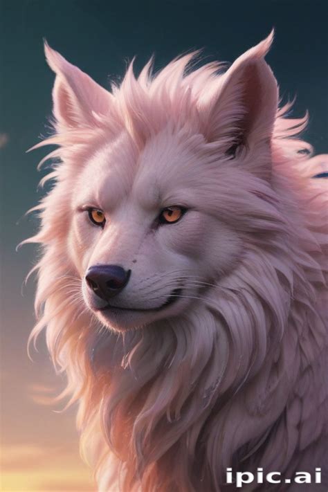 A Majestic White Wolf with Flowing Fur Against a Dreamy Background.