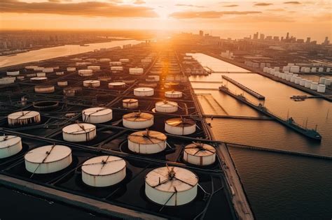 premium photo aerial view   oil terminal  sunset