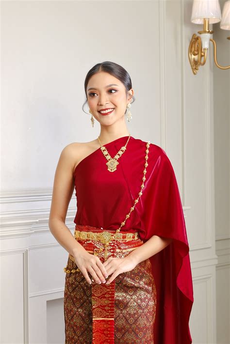 red traditional thai dress sabai silk skirt outfit set high quality