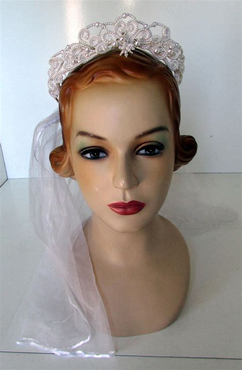 Vintage Wedding Veil 1960's Faux Pearls Tiara Headband | Wedding