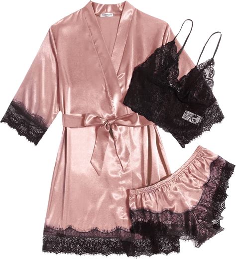 MAXMODA Sexy Robes for Women 3 Piece Lace Lingerie Set Satin Bridal